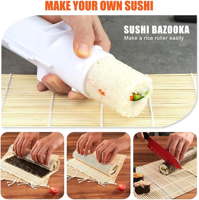 SmileTools Sushi Making Kit, Sushi Roller, Sushi Bazooka, Sushi Maker, Bamboo Sushi Rolling Mat For Beginners (White)