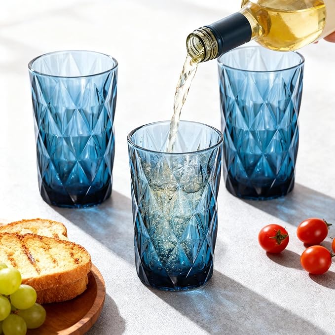 Bandesun Drinking Glass set of 6 Modern Glassware Diamond Pattern Tumbler Cup（12 OZ），for Water，Cocktail，Milk，Juice and Beverage