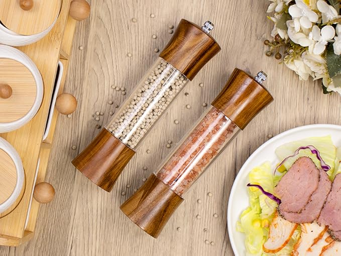 Acacia Wood Premium Acrylic Salt and Pepper Grinder Set 8 Inches Salt and Pepper Mill Set, Manual Mills- Wooden Shakers with Adjustable Ceramic Core 2 Pack for Kitchen Home Gift
