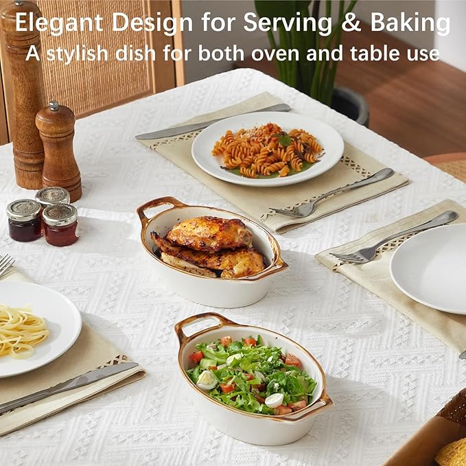 ONEMORE Au Gratin Baking Dish Oval Ceramic White Small Casserole Dish Oven Safe Baking Dishes for Oven Individual Serving Dishes Mini Casserole Dish Set of 4 for Lasagna Quiche, 6x8, 20 oz, Brown Rim