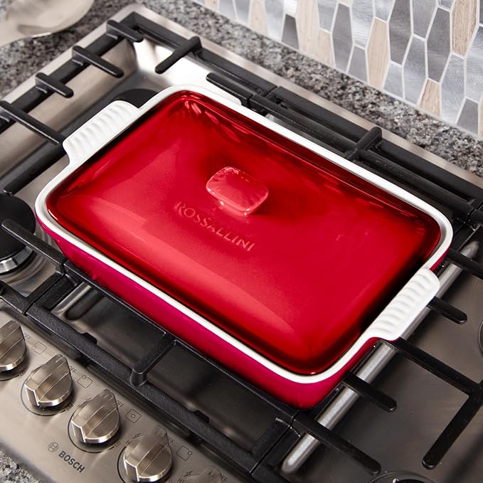 ROSSALLINI Stoneware Casserole Dish Bakeware Set with Lid, Covered Rectangular Dinnerware, Extra Large 4.23 Quart, 13 by 9 Inch, Deep Red
