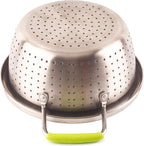 Stainless Steel Deep Colander Micro-perforated 2.5 Quart Metal Food Strainer with Green Silicone Handles for Draining Pasta Cleaning Food like Fruit