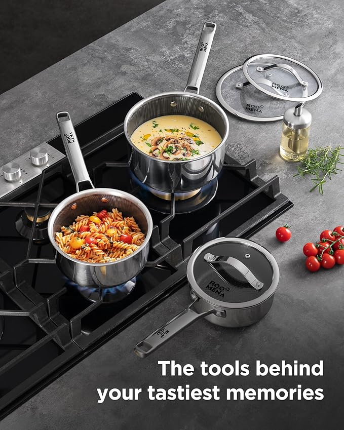 Nonstick Sauce Pan with Lid, Non-Toxic Tri-Ply Hybrid Ceramic Saucepan, 3.5 Quart Stainless Steel Pans, PFAS/PFOA/PTFE Free, Dishwasher & Oven Safe, Induction Compatible