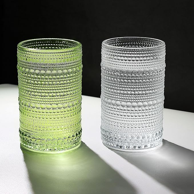 Hobnail-Drinking Glasses 13oz Vintage Glassware Sets Cocktail Juice Glasses Set of 6, Light Green