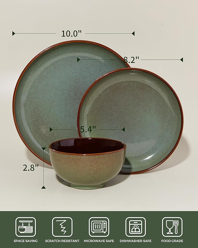 Pokini 36 Piece Stoneware Dinnerware Sets, Ceramic Plates and Bowls Set, Microwave & Dishwasher Safe Kitchen Dish Set, Modern Dinner Salad Plates | Cereal Bowls for 12, Dishware Sets Sage Green