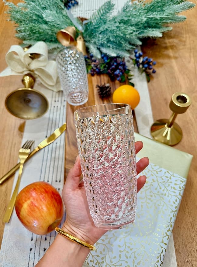 KLIFA- ASPEN- 12.7 & 17.6 oz, Set of 8, Acrylic Vintage Tumbler & Highball Drinking Glasses Set, Shatter-proof Tumblers, BPA-Free, Stackable Plastic Drinkware, Dishwasher Safe Cups, Clear