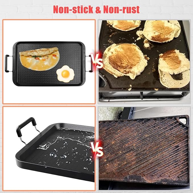 Vayepro 2-Burner Griddle Pan with Glass Lid - Nonstick Stovetop Griddle for Gas & Glass Cooktops - Aluminum Camping Grill Pan for Breakfast (Pancakes/Eggs/Bacon) (22"L x 12"W x 1.77"Th)