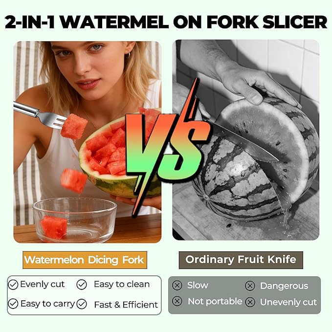 2-in-1 Stainless Steel Fruit Cutter, 2026 New Upgrade Dual Head Watermelon Fork Slicer Cutter Tool, Summer Watermelon Fruit Cutting Home Kitchen Gadgets (1PCS)