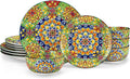 vancasso 12 Pieces Dinnerware Sets, Green Plates and Bowls Set, Porcelain Dishes Set for 4, Microwave and Dishwasher Safe, Scratch Resistant, Bohemian Style Dining Ware Service for 4, Series SIMI