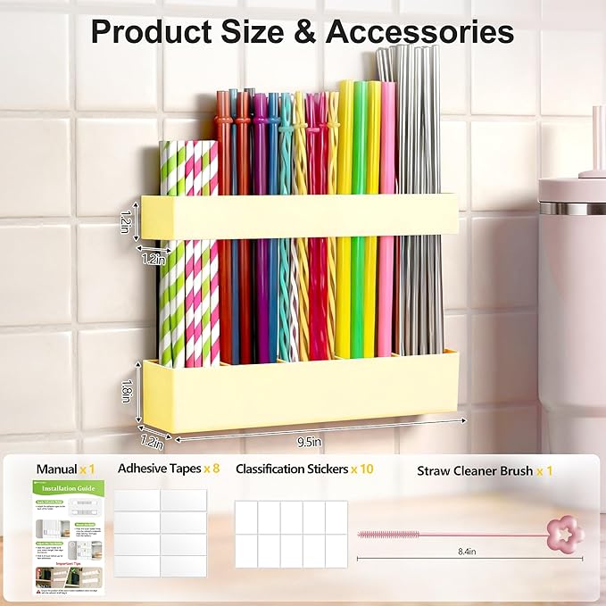 9.5” Large Acrylic Straw Holder for Cabinet Door, Reusable Adjustable Two-Part Straws Organizer with Ultra Sticky Adhesive Strips, 2026 Straw Storage for Kitchen Cupboard (Milky Yellow)