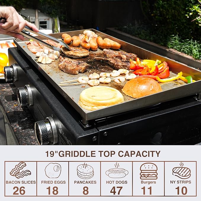 KingChii 19" Tabletop 2-Burner Griddle Portable Gas Grill with Rear Grease Trap, Powder Coated Steel, Black