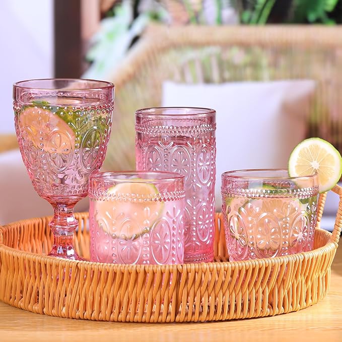 abrwyy 4Pcs Pink Glassware, Drinking Beverage Glass Cup, Vintage Drinking Glasses, Colored Glassware Set for Party Wedding Home Office Gift