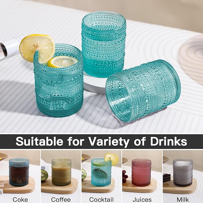 JOVGANK Mint Green Vintage Hobnail Drinking Glasses Set of 6, Embossed Water Tumbler 12oz, Kitchen & Bar Beaded Glass Cups, Beverage Glass Cups for Water, Beer, Juice, Housewarming, Mother's Day Gift