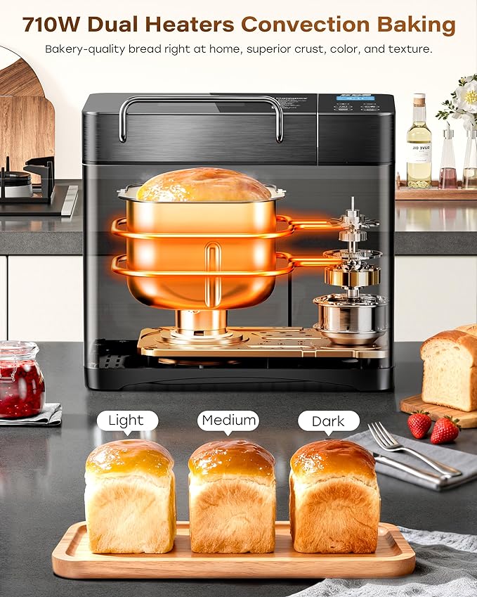 KBS Premium 2LB Convection Bread Maker Dual Heaters, 710W Stainless Steel 17-in-1 Bread Machine Healthy Ceramic Pan, Nut Dispenser,Touch Panel, 3 Loaf Sizes 3 Crust Colors, 15H Timer,Low Noise,Recipes