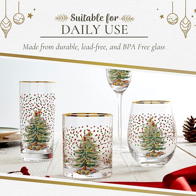 Spode Christmas Tree 14 Fl. Oz. Double Old Fashion Glass (Set of 4), Polka Dot - Whiskey & Bourbon Glasses for Festive Entertaining, Old-Fashioned & Rocks Glasses for Holiday Drinks (Pack of 2)