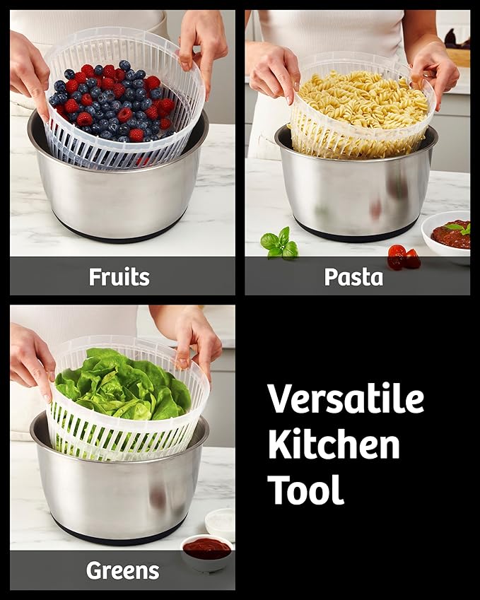 Stainless Steel Pump Salad Spinner Large - Easy Compact Kitchen Tool - Stainless Steel Bowl, Drain & Colander - Lettuce Spinner, Vegetable Dryer, Fruit Washer, Pasta & Fries Produce Strainer - 6.33 Qt