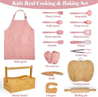 Pulcher Kids Cooking & Baking Sets Real Little Chef Cooking Utensils Kitchen Set Gifts for Girls Boys Juniors with Utensils Cutting Board Kids Safe Knife Rolling Pin Apron Carrying Basket (Coral Pink)