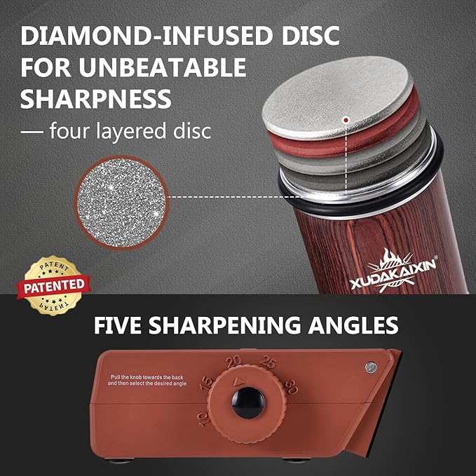 The Innovative Knife Sharpener - Patented Multi-Angle Premium Rolling Knife Sharpener with Extra Replacement Head for Chef's, Fruit, and All Steel Knives (Colorful Wood)