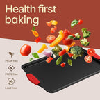 BAKKENMASTER Baking Set – 8 Piece Kitchen Oven Bakeware Set – Deluxe Non-Stick Black Coating Inside and Outside – Carbon Steel – Red Silicone Handles – PFOA PFOS and PTFE Free by Bakken