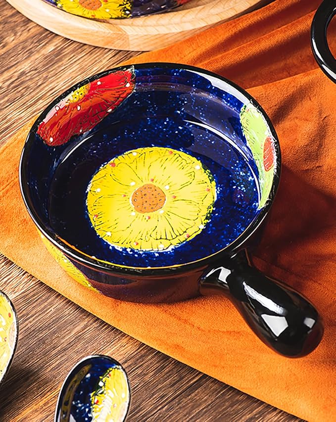 Vintage Style Pottery Bakeware Colorful Daisy Pattern Ceramic Casserole Dish Baking Pan Lasagna Pans Baking Dish with Handles from Oven to Table Plate-1 PCS, 20 OZ
