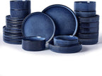 Famiware Star 24-Piece Stoneware Dinnerware Sets for 6 - Shallow Pasta Bowls & Flat Plates, Modern Rustic Reactive Glaze Dishes, Chip & Scratch Resistant, Microwave & Dishwasher Safe, Nebulas Blue