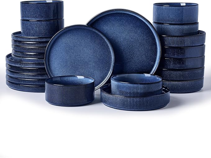 Famiware Star 24-Piece Stoneware Dinnerware Sets for 6 - Shallow Pasta Bowls & Flat Plates, Modern Rustic Reactive Glaze Dishes, Chip & Scratch Resistant, Microwave & Dishwasher Safe, Nebulas Blue