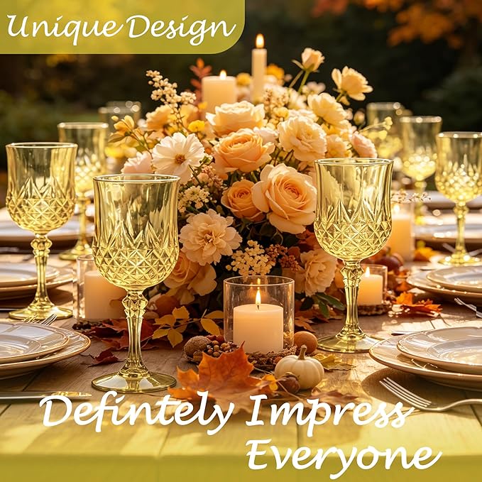 Plastic Wine Glasses, Plastic Goblets Vintage Style Cordial Unbreakable Drinking Glasses, Reusable Drinkware for Wedding Reception, Grand Event Party Supplies (48, Gold)