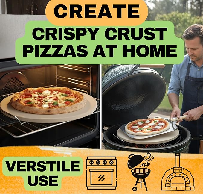 Round Pizza Stone for Oven 16 inch - Large Pizza Stone for Grill with Handles, Metal Pizza Peel & Dough Tool - Baking Stone for Bread - Oven Stones - Pizza Making Set