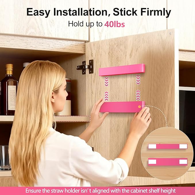 9.5” Large Acrylic Straw Holder for Cabinet Door, Reusable Adjustable Two-Part Straws Organizer with Ultra Sticky Adhesive Strips, 2026 Straw Storage for Kitchen Cupboard (Hot Pink)