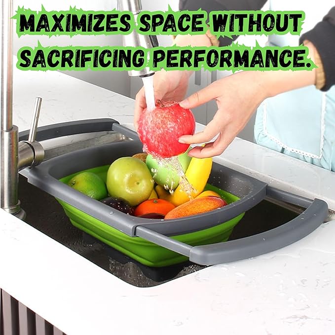 Over the Sink Collapsible Colander Strainer (5 Quart) with Extendable Handles, BPA Free Silicone Kitchen Strainer for Vegetables, Fruit & Pasta, Foldable Sink Colander Basket (1pc green)