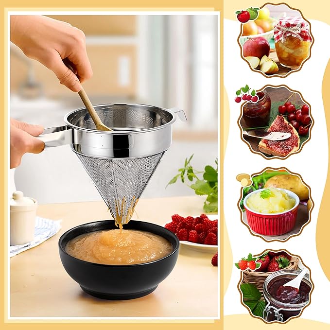 Feekoon Stainless Steel Chinois Strainer with Stand and Wooden Pestle Set, China Cap Strainer for Tomato, Berry, Fruit, Egg, Soup and Other Canning Jam Making Supplies, 15.35 x 7.67 x 7.28 inch