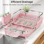 SNTD Dish Drying Rack, Expandable Dish Rack for Kitchen Counter, Stainless Steel Dish Drainer with Drainboard Set and Utensil Holder (Pink)