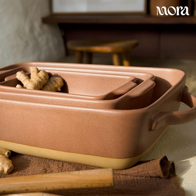 Mora Ceramic Baking Dish with Handles For Casserole, Lasagna, Gratin, Broiling, Roasting, and Baking. Large 9x13 in Pan, Extra Deep - Porcelain Serving Bakeware from Oven to Table. Freezer Safe - Terracotta