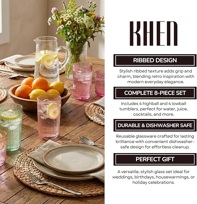 Khen Ribbed Textured Glassware | 8 Piece Set with 4 Highball 12.85oz and Lowball 9.13oz Tumblers Durable Reusable Water Juice Soda Iced Coffee Cocktail Lemonade Cups Dishwasher Safe