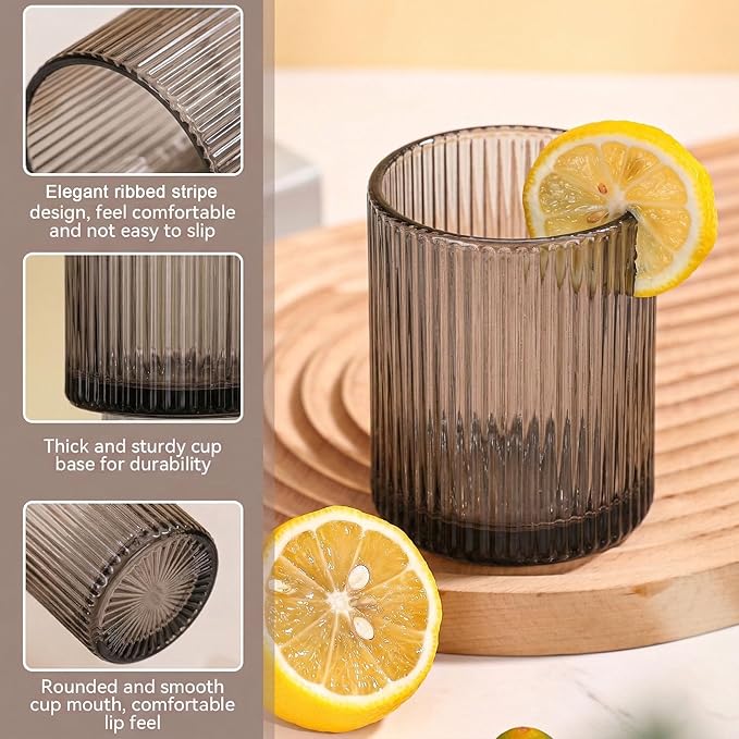 Physkoa Grey Ribbed Drinking Glasses Set of 6 – 9oz Vintage Smoke Grey Glassware, Embossed Ribbed Tumbler Cups for Juice, Water, Cocktail, Iced Coffee