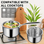 EWFEN 3 Ply Stainless Steel Saucepan with Lid, 2 Quart Multipurpose Cooking Pot, Stay-Cool Handle, Induction Oven Dishwasher Safe, 2 QT