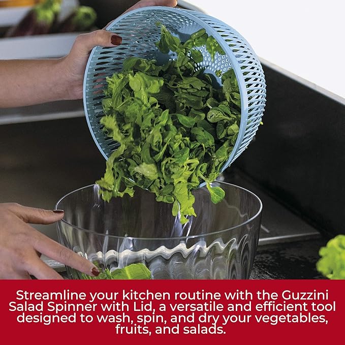 GUZZINI 10" Salad Spinner with Lid - Matte Blue, Wash, Spin & Dry Vegetables, Fruits, Salad, Built in Draining - Fruit Washer Fruit Dryer, Home Gadgets & Kitchen Tools
