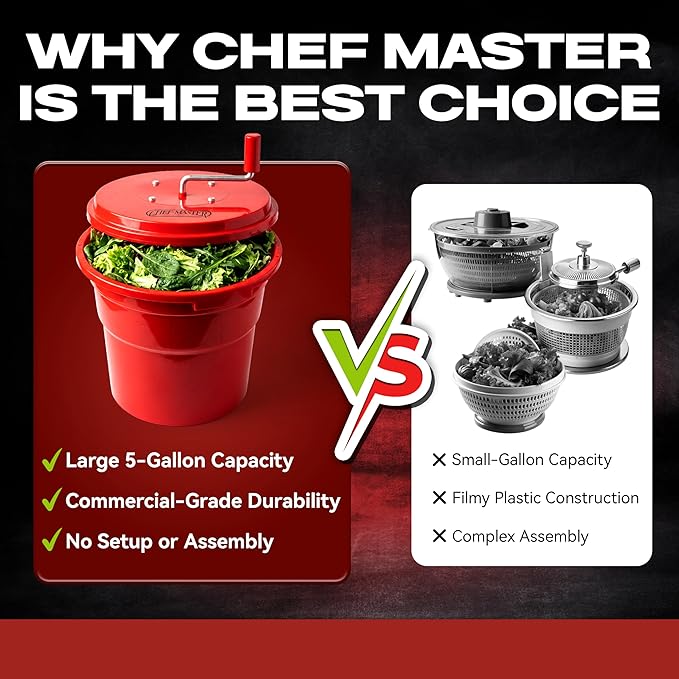 5 Gallon Chef Master Salad Spinner Dryer – Large Capacity, Economy Lettuce Spinner and Fruit Washer Bowl with Strainer - Sealed Gearbox - Fits 5-6 Heads of Lettuce - Durable Spinner Mechanism - 90008