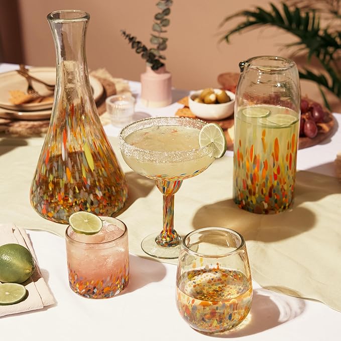 Segunda Vida Artistico Recycled Glass Carafe, Hand Blown Pitcher, Home Cocktail Bar Gifts, Colored Mexican Pitcher, 42oz Set of 1
