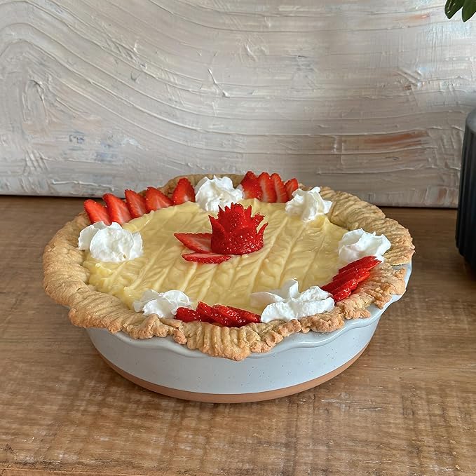Mora Deep Fluted Ceramic Pie Dish for Apple Pie, Quiche, Tart - 9 inch - Modern Farmhouse Style Porcelain - Earl Grey