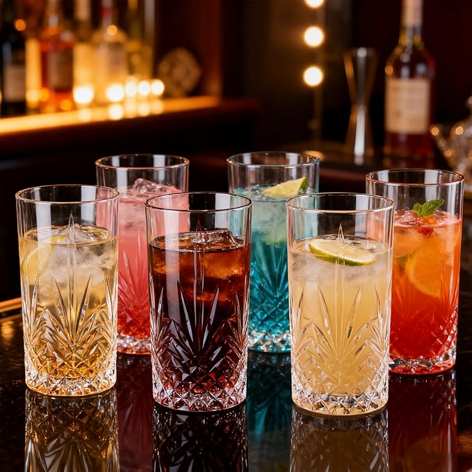 Tall Highball Glasses Set Of 6-14 Ounce Elegant Tom Collins Glasses - Textured Designer Glassware Set For Whiskey,Drinks, Water, Beer, Soda