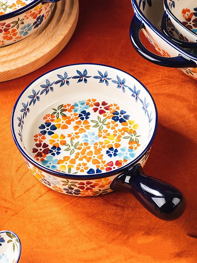 Colorful Cherry Blossom Flowers Vintage Style Ceramic Bakeware Dish Casserole Dish Baking Pan Lasagna Pans with Handles for Oven/Cooking/Kitchen, 1 PCS, 20 oz