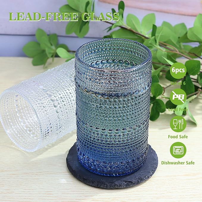 Hobnail-Drinking Glasses 13oz Vintage Glassware Sets Cocktail Juice Glasses Set of 6, Sapphire