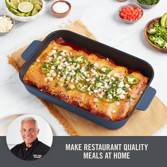 Zakarian x Dash Nonstick Cast Iron Baker - Oven-Safe Baking Pan for Pasta, Casseroles, Crumbles, and More - Easy-Release, Rust-Resistant, and Even Heat Distribution - Blue, 9-inch x 13-inch