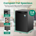 roomwell E-Star 2.6 Cu Ft Mini Fridge without Freezer - Black Mini Fridge AUTO DEFROST, Reversible Single Door, Glass Shelf Refrigerator - A Space-Saving Marvel for Your Bedroom, Dorm, and Office