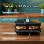 OVENTE 2-Serving Electric Indoor Grill & Panini Press with Easy Clean Non-Stick Plate Coating, Opens 180 Degrees, 8.15" x 7.4" Space Saving Design, 750W Contact Grill for Burgers & More, Black GP222B