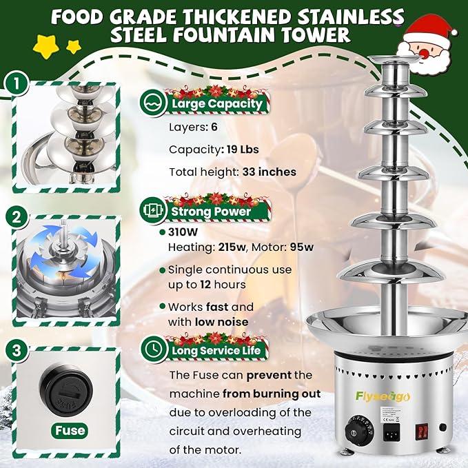 Commercial Chocolate Fountain, 6 Tiers 19 lb Capacity Large Commercial Hot Chocolate Fondue Tower Stainless Steel Chocolate Melting Heating Machine for Nacho Cheese Liqueurs Party Wedding