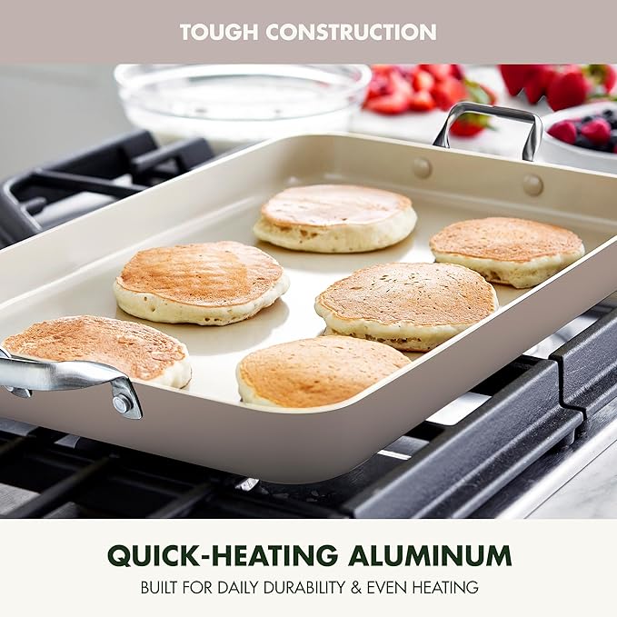 GreenPan 18" x 11" Double Burner Griddle Pan, Hard Anodized Healthy Ceramic Nonstick PFAS-Free, Stainless Steel Handles, Stovetop Cooking, Dishwasher Safe, Oven & Broiler Safe Cookware, Taupe