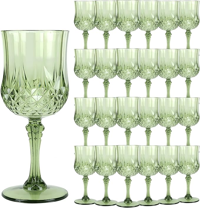 Plastic Wine Glasses, Plastic Goblets Vintage Style Cordial Unbreakable Drinking Glasses, Reusable Drinkware for Wedding Reception, Grand Event Party Supplies (24, New Green)