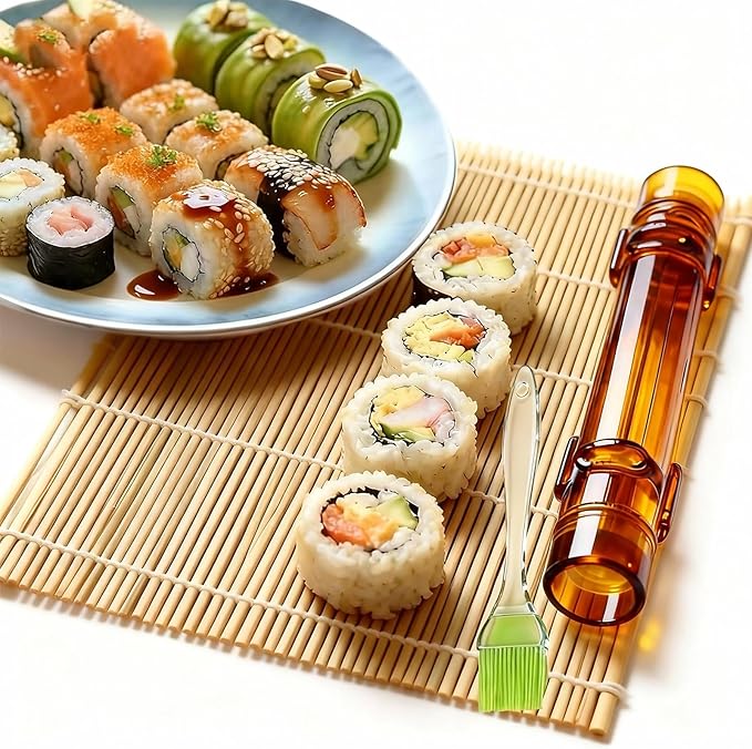 Sushi Making Kit – Clear Sushi Bazooka Roller & Bamboo Sushi Rolling Mat, Easy DIY Sushi Maker Tool Set for Beginners, Homemade Sushi Rolls for Kitchen & Party (Clear Amber)